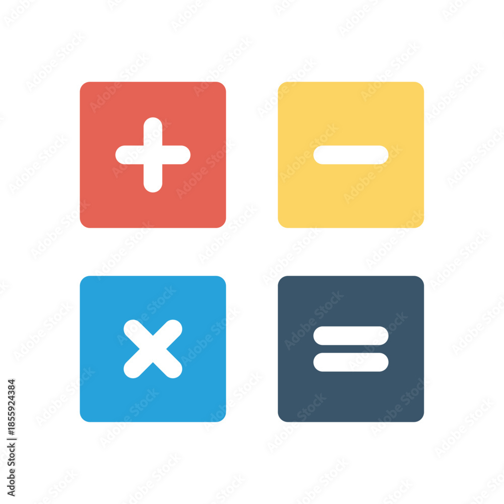 Fototapeta premium Color Math Operation Icons — Plus Minus Multiply and Equal Calculator Symbols for Education and UI Design