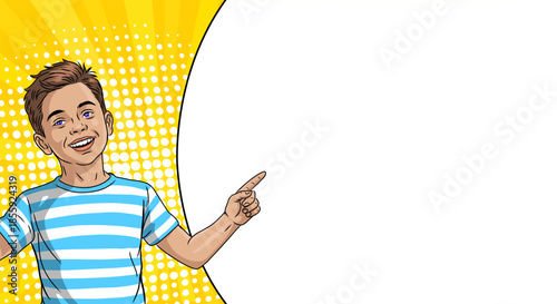 A cheerful boy points at something near an empty pop art banner