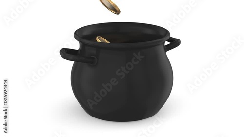 Iron black cauldron full shiny gold coin on white background. Isolated 3D illustration. St Patrick`s day