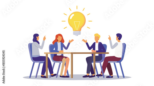 Four people seated at a table with a lightbulb above them, symbolizing brainstorming and idea generation in a meeting