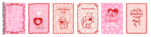 Valentine day doodle poster, hand drawn romantic love card set, cute cat dog character with heart. Pink holiday invitation design, handwritten lettering, whimsical frame. Amore Valentine poster print