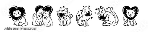 Cute cat dog doodle illustration, love pet hand drawn line print set Valentine day cartoon character. Kitten with heart sweet funny animal sticker, February 14 holiday design. Love pet cartoon graphic