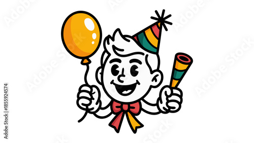 Festive Cheer: A cheerful illustration of a boy joyfully celebrates a happy occasion, complete with a colorful party hat, a radiant balloon, and a festive noisemaker.