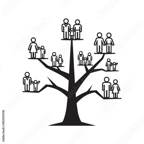 Family tree diagram with multiple generations and members isolated illustration