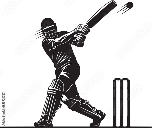 Cricket batsman action shot, bat and ball, minimal sports illustration