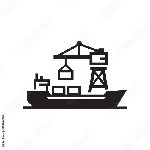 Flat icon of a cargo ship with crane loading containers