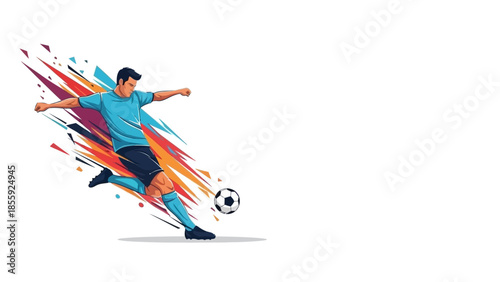 A soccer player kicks a ball with dynamic colorful streaks in a sports stadium atmosphere.