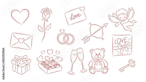 Elegant Symbols of Affection: A curated collection of delicate line drawings represents enduring symbols of love and affection, capturing romance and heartfelt sentiments.
