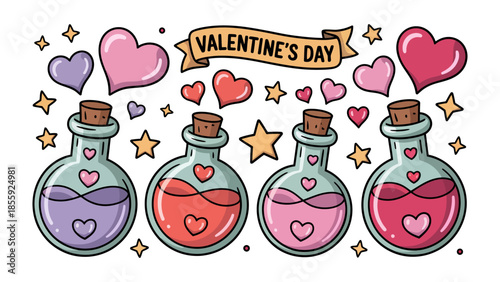 Love Potion of Valentine's Day: A captivating illustration features a collection of love potions and hearts, creating a whimsical and romantic scene for the celebration of Valentine's Day. 