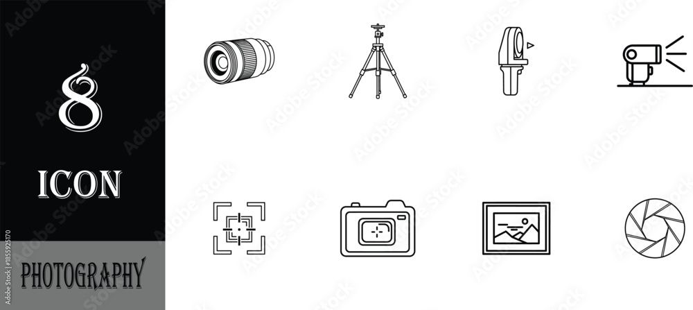 Fototapeta premium Set of black photography icons featuring camera equipment and accessories isolated on a white background for graphic design.