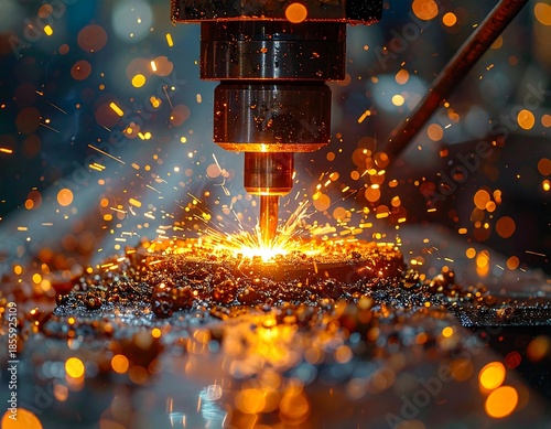 Close-up of a machine drilling metal, creating sparks and molten material with focused illumination. The background is bokeh
