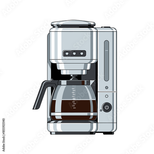 Modern stainless steel coffee machine brews dark roast isolated on white background
