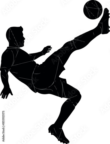 A soccer player kicks a ball with his leg extended in mid-air during a sports game.