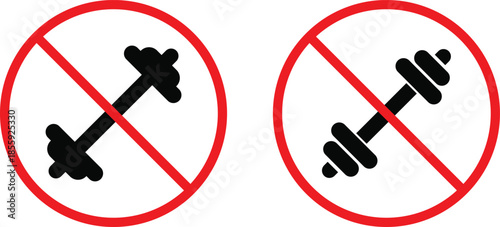 no exercise icon. Physical activity prohibition symbols. Workout forbidden graphic. No fitness training and restricted zone signs. Medical recovery and health safety signs
