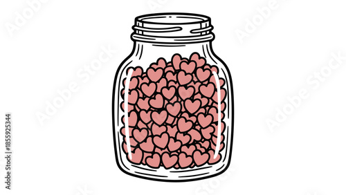 Jar of Hearts: A transparent glass jar, filled with charming heart-shaped candies, symbolizes love and affection. A delightful visual representation of sweetness and sentiments.