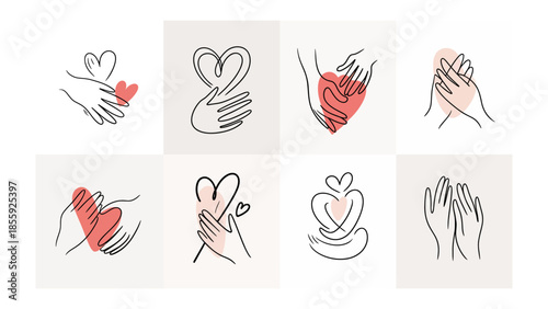 Hand in hand for Humanity: A set of eight simple, stylized drawings of hands tenderly holding hearts, symbolizing love, care, and unity. Illustrating connection, compassion, and shared humanity.