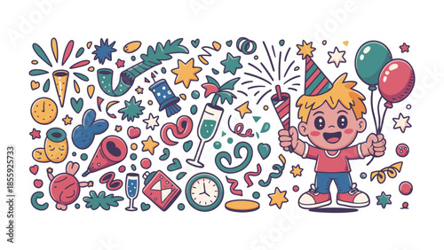 Celebration of Joyful New Year: A vibrant illustration of a happy boy with a festive party hat celebrates the new year with confetti crackers and balloons, surrounded by celebratory elements. 