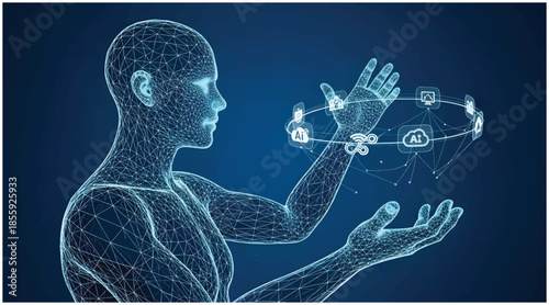 Wireframe Human & AI Connection: Futuristic Tech, Artificial Intelligence & Digital Network Concept. Vector wireframe illustration.