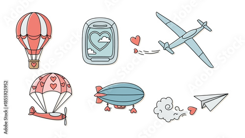 Love-themed Aviation and Air travel Iconography: A collection of charming, heart-adorned illustrations, featuring a hot air balloon, airplane, blimp, parachute, paper airplane and airplane window.