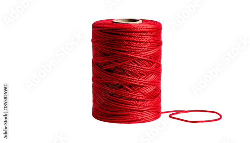 A tightly wound spool of vibrant red thread with a loop extending from the base
