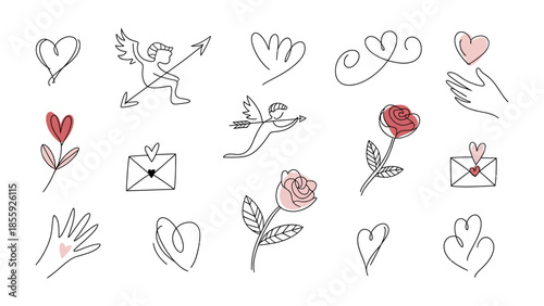 Artistic Expressions of Love: Delicate line art evokes the essence of romance, featuring hearts, roses, angels, and envelopes, all whispering tales of affection and adoration.