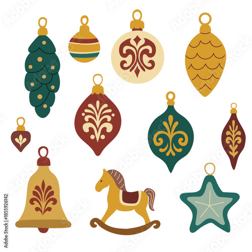 Retro toys for Christmas tree. Set with Victorian Christmas toys.