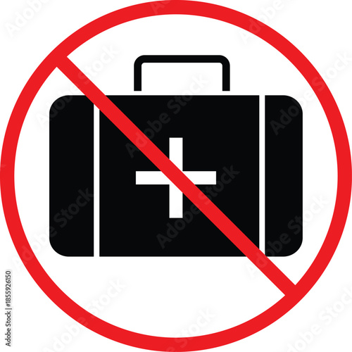 no first aid kit icon. Medical box prohibition symbols. No emergency kit graphic design. Medical supply restriction signs. First aid kit forbidden symbol
