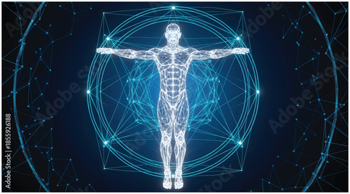 Digital wireframe human anatomy surrounded by an interconnected network of technology and health. Vector wireframe illustration.