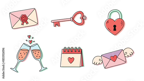 Love Elements Composition: A charming collection of love-themed elements, including an envelope, key, lock, glasses, calendar, and winged envelope, all arranged with a delicate touch of sweetness. 