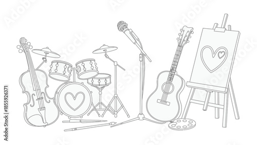 Harmony of Art and Music: An array of artistic and musical tools, a violin, drums, guitar, microphone, and a canvas, are poised, together symbolizing creative expression and artistic flair.