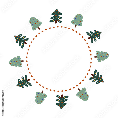 Round frame with Christmas trees. Copy space for Christmas card.