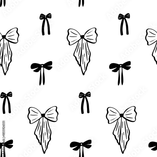 Black and white bows in seamless pattern. Whimsical bows. Retro bows.