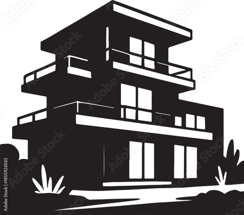 Modern Multi-Story House Silhouette with Balconies and Glass Windows