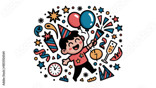 Joyful Celebration Illustration: A whimsical illustration depicts a spirited individual amidst a festive explosion of celebratory elements, representing pure happiness and joy.