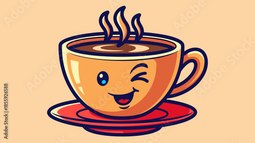 Adorable Cartoon Coffee Cup with Winking Face and Steaming Coffee.