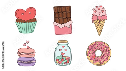Sweet Treats and Romantic Delights: A collection of delightful desserts and sweet treats, including a cupcake, chocolate bar, ice cream cone, macaron, jar of candy hearts, and a donut.