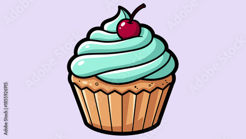 Delicious Cupcake with Mint Frosting and Cherry Topping Illustration.