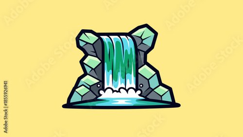 Cartoon Waterfall Illustration with Rocks and Flowing Water.