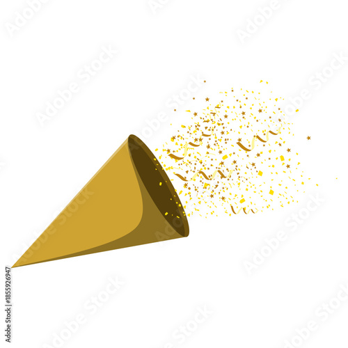 A flat illustration of a golden party favor cone exploding with confetti