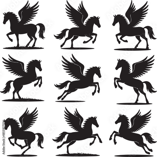 Nine elegant pegasus silhouettes in various dynamic poses