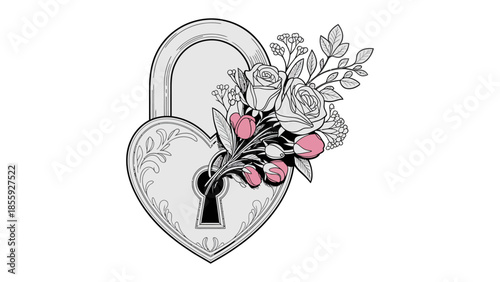 Locked Heart with Floral Embellishment: Intricate illustration of a heart-shaped lock adorned with a delicate bouquet of flowers, representing love, security, and the beauty found in hidden treasures.