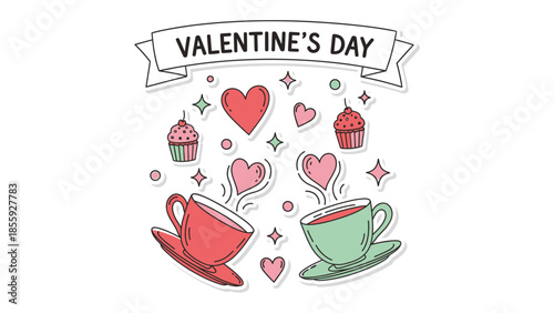Valentine's Day Icon: A charming illustration featuring heart shapes, teacups, and cupcakes, embodies the spirit of Valentine's Day.