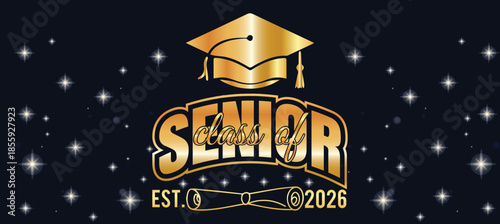 Senior Graduation Banner with Gold Emblem and Cap, Class of 2026 Elegant Academic Celebration Background