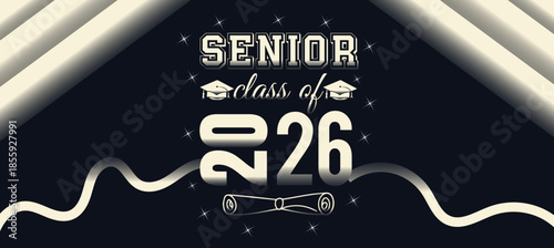 Senior Class of 2026 Graduation Banner with Luxury Light Rays and Ribbon Elements, Modern Academic Celebration Design