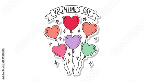 Love in Flight: A bouquet of heart-shaped balloons floats upwards, adorned with celebratory stars and a banner proclaiming Valentine's Day, perfect for evoking feelings of affection and romance.