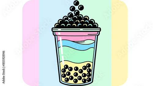 Colorful Bubble Tea Illustration with Tapioca Pearls and Layered Drink.