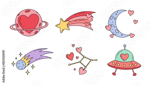 Cosmic Love: A vibrant illustration showcasing celestial bodies adorned with hearts, symbols of love and affection. Each element, from planets to shooting stars, radiates warmth and charm.
