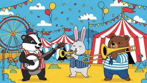 Cartoon animals playing music at a colorful carnival with a ferris wheel and tents