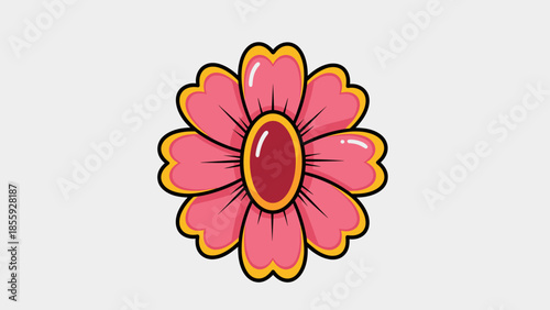 Stylized Pink Flower with Yellow Border and Red Center.