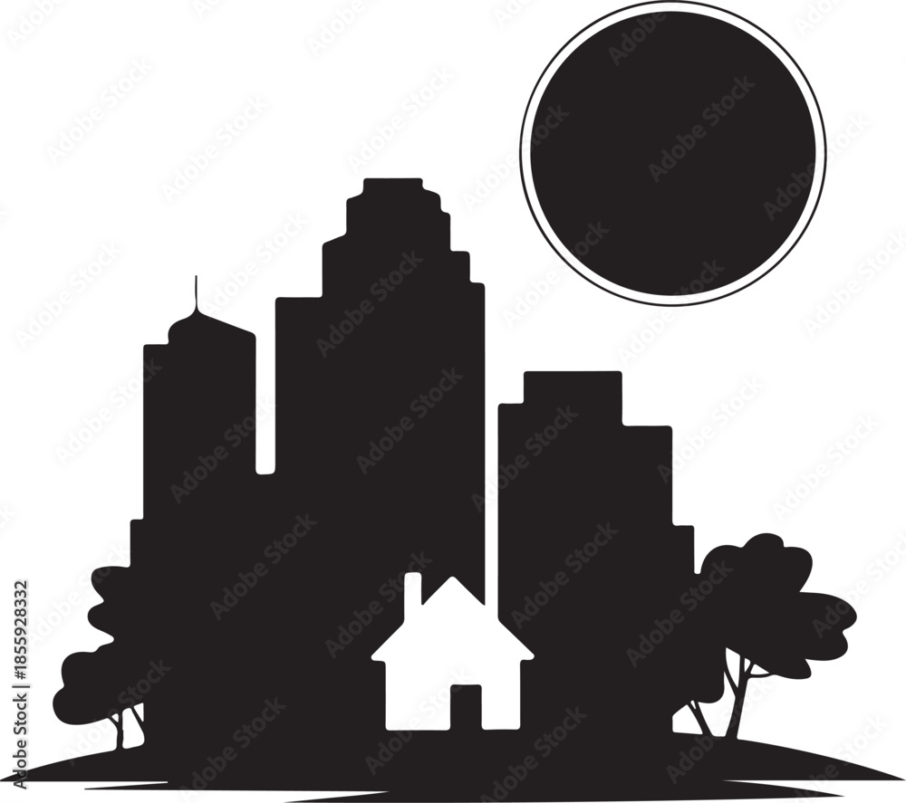 Naklejka premium Cityscape with House and Sun